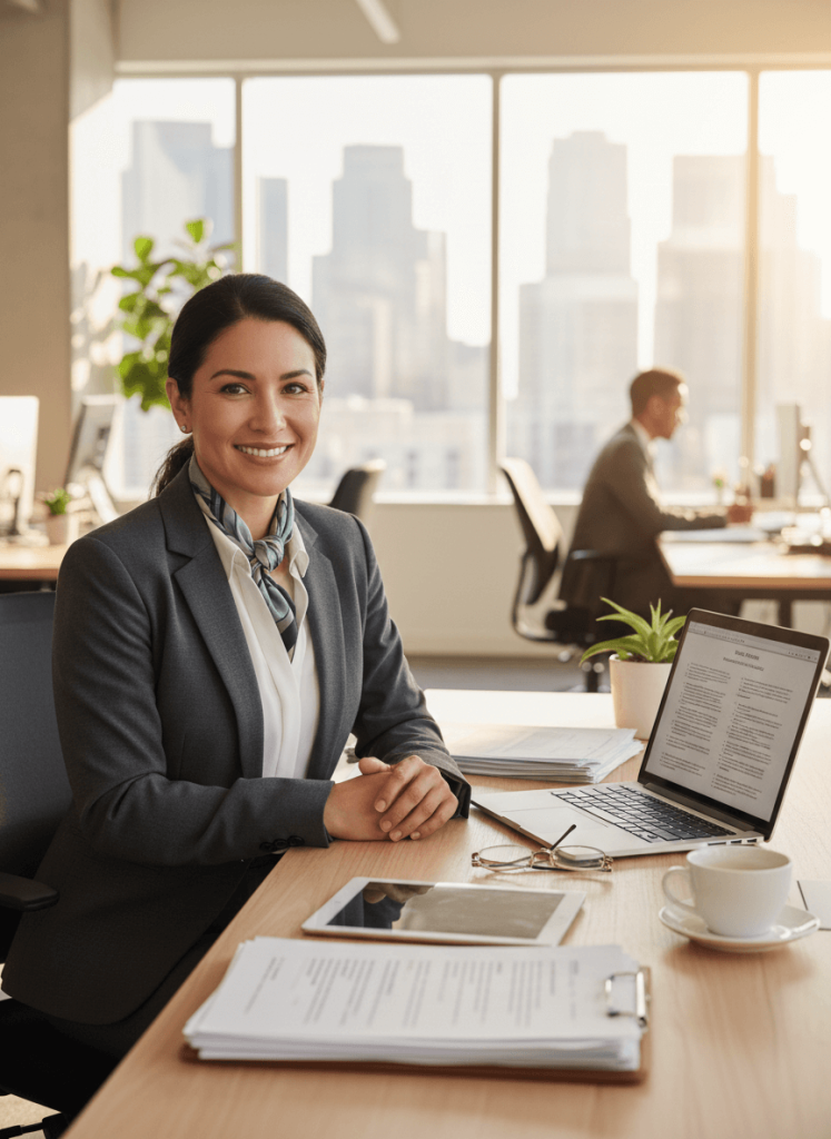 Professional translator seated at a desk in a modern office representing accurate and trusted certified translation services