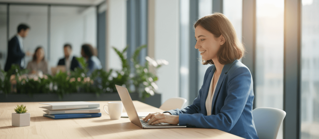 Professional using a laptop at a desk in a modern office
