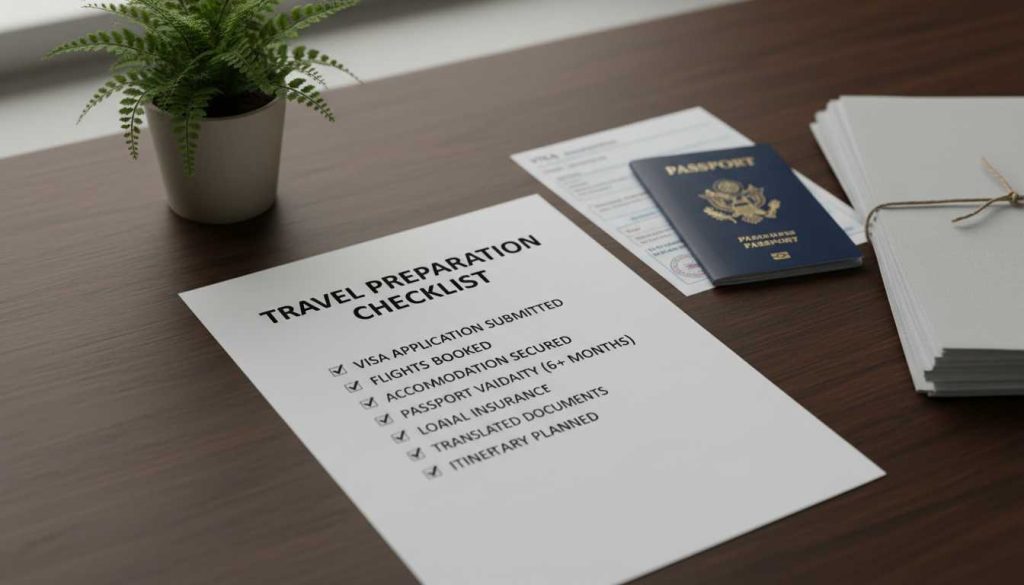 A checklist with documents on a wooden desk.