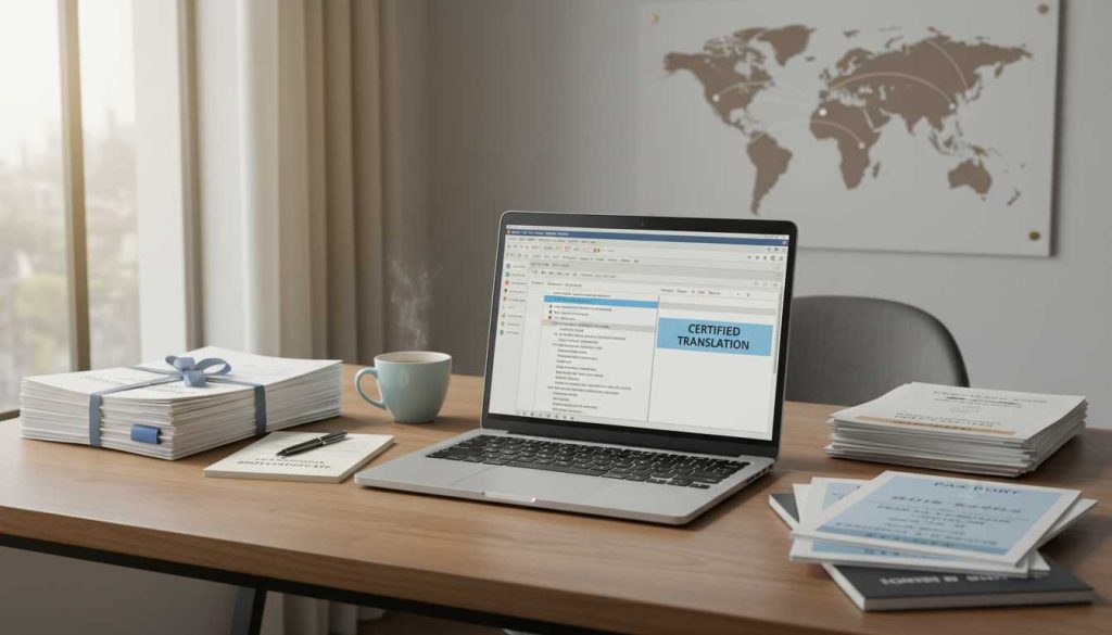 A desk setup for certified translation services.