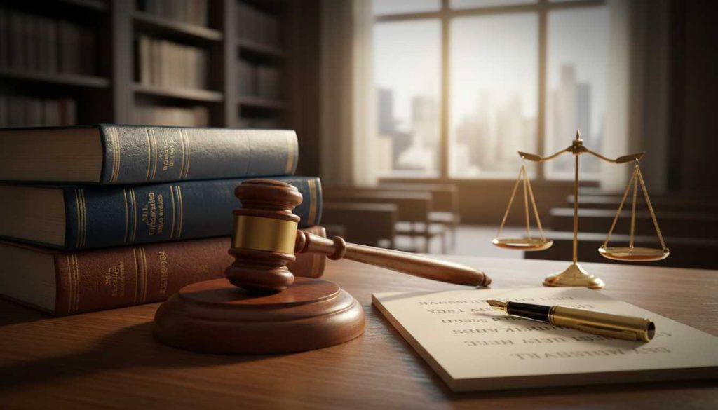 A desk with legal books and a gavel.