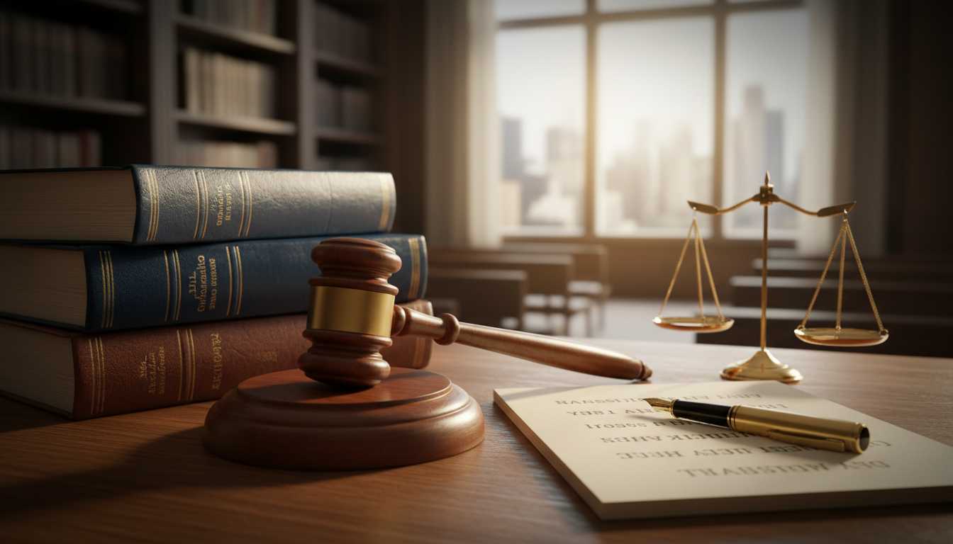 A desk with legal books and a gavel.