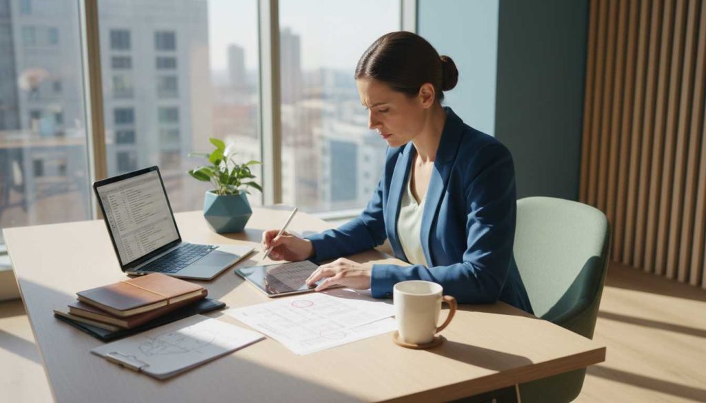 A translator working in a modern office setting.