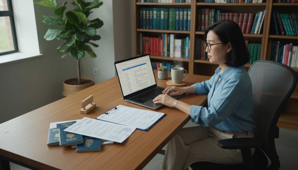 A translator working with official documents on a desk.