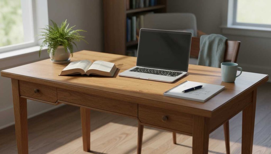 An academic desk with books and a laptop.