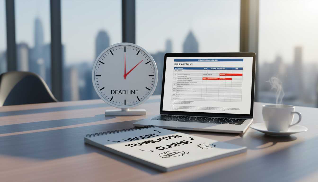 An office desk with urgent insurance translation materials.