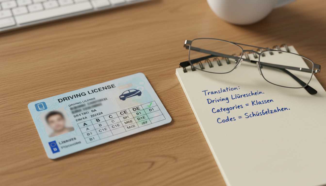 Close-up of a driving license with translation notes