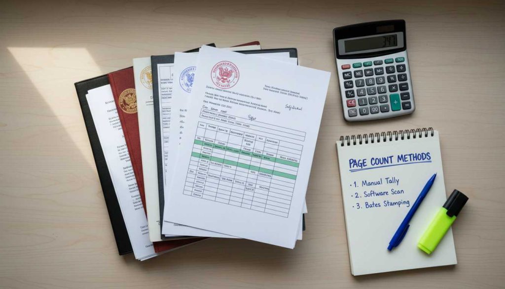 Desk with documents and a calculator for page counting