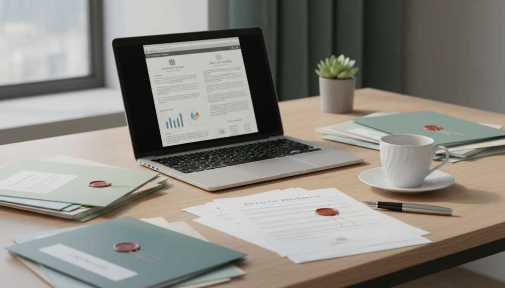 Desk with property documents and laptop