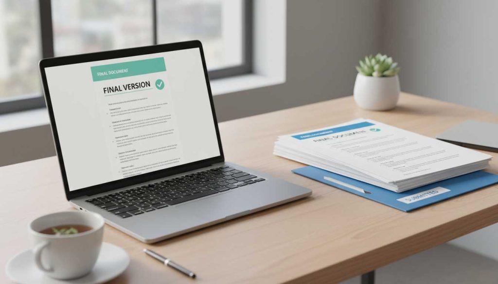 Modern workspace with a laptop and organized papers.