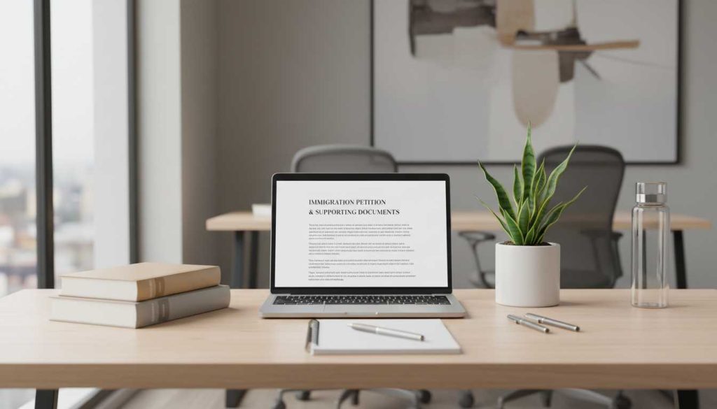 Office desk with immigration documents and legal books