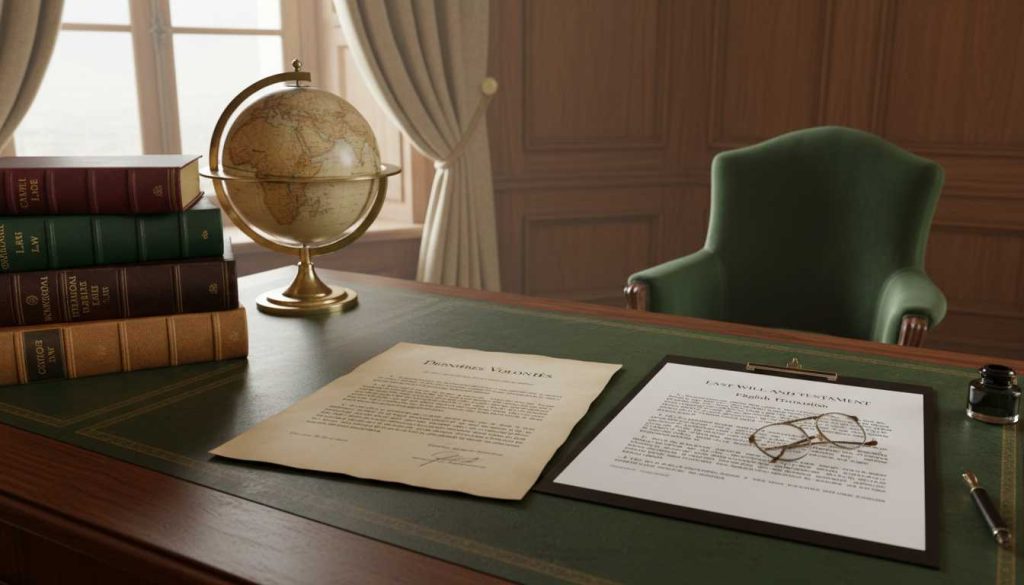 Office scene with legal documents and translations.