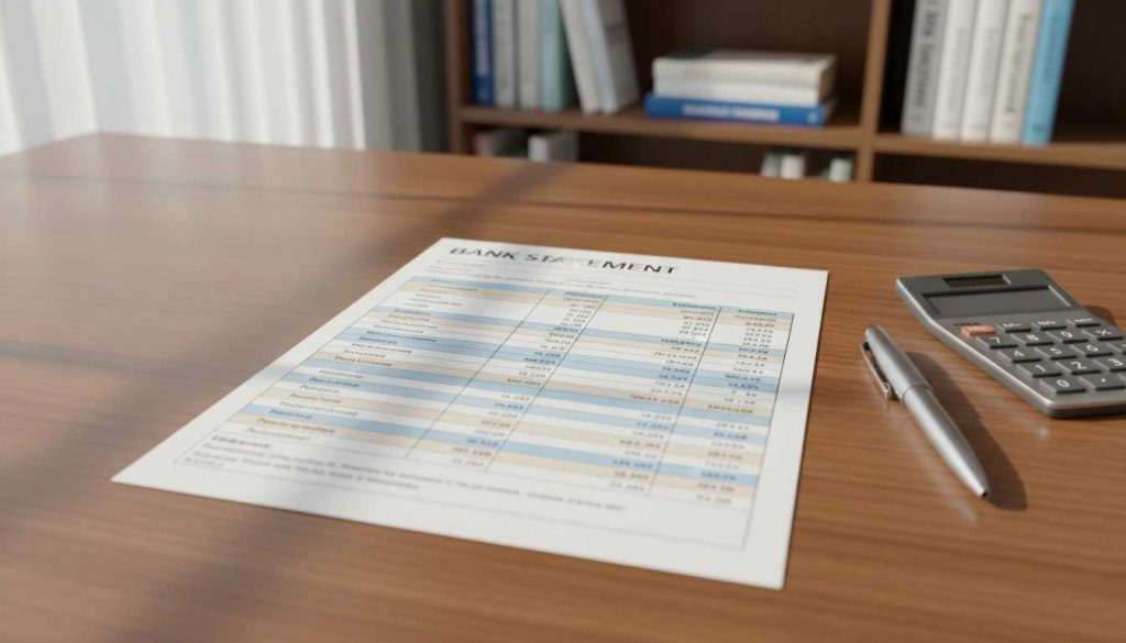 Organized bank statement on a desk with a pen.