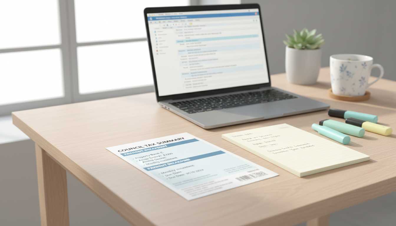Organized workspace with a tax bill and translation tools.