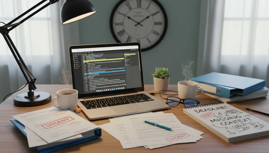 Workspace illustrating urgent translation challenges.