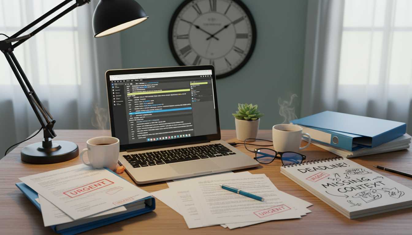 Workspace illustrating urgent translation challenges.