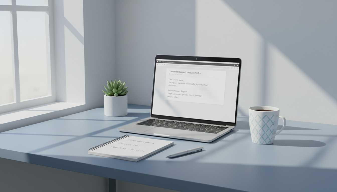 Workspace with email template for translation requests
