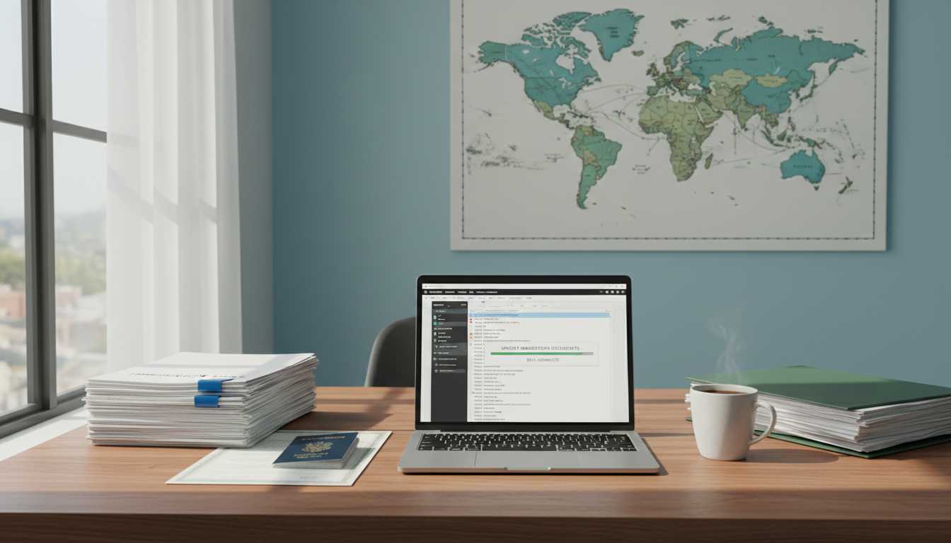 Workspace with immigration documents and a laptop