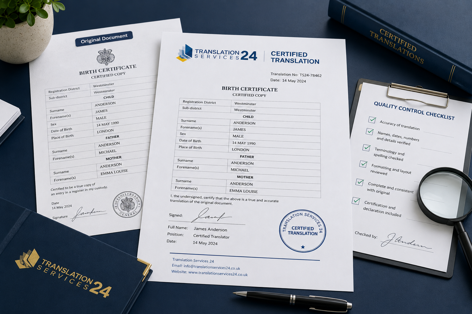 Certified translation beside a document quality checklist
