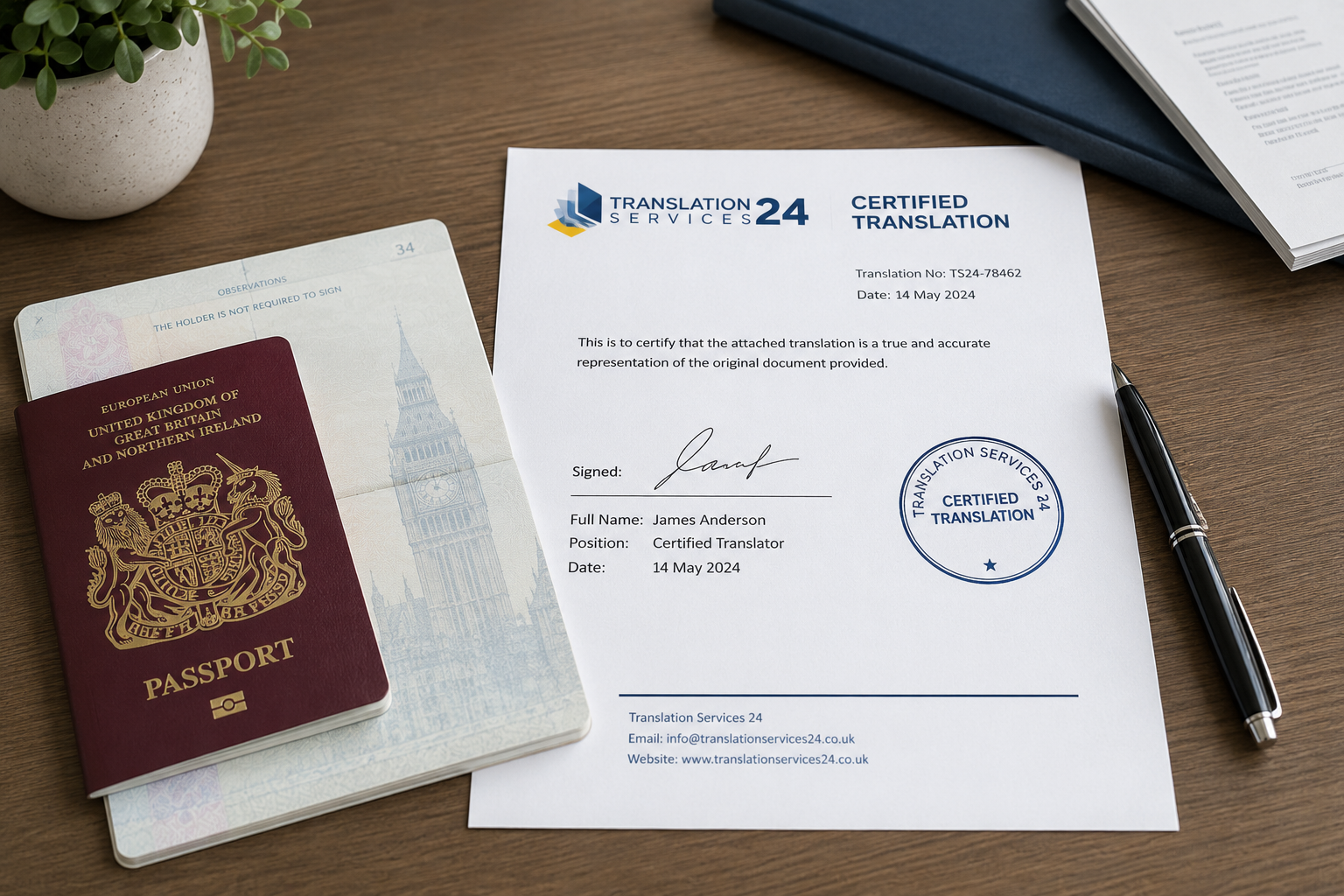 Certified translation displayed beside a UK passport